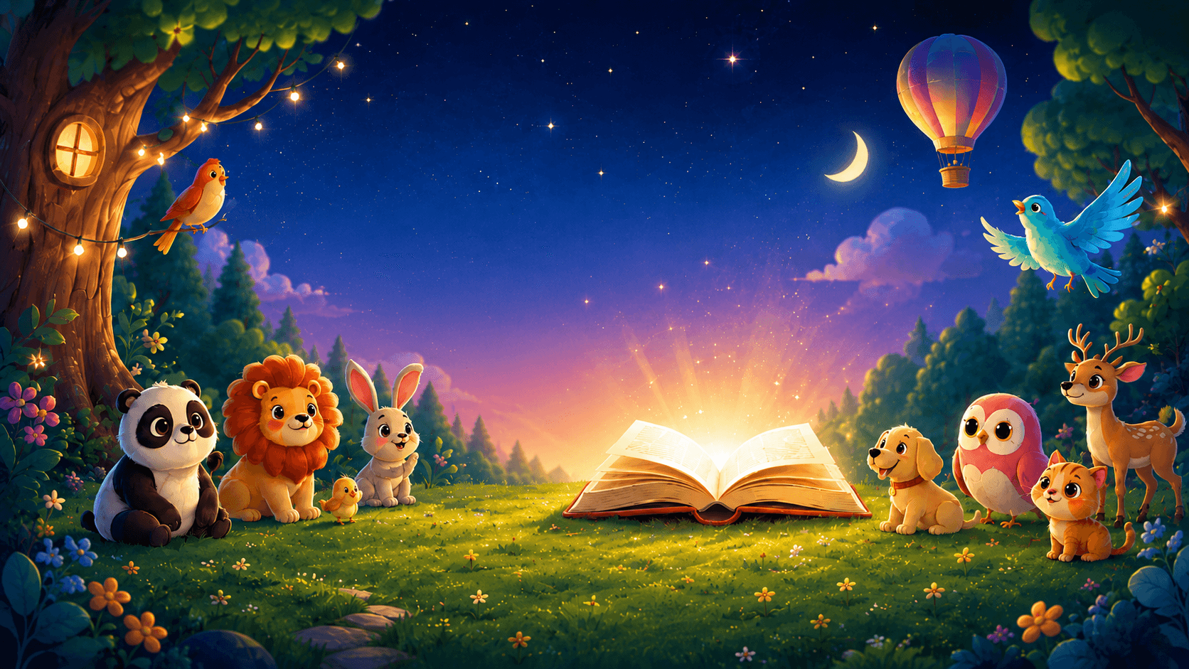 A magical illustrated storybook forest with a glowing open book and friendly animals.